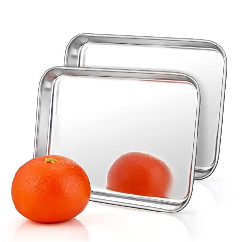 Image of HaWare Small Oven Tray Set of 2, Stainless Steel Cookie Baking Sheet Pan for Cooking/Baking/Serving, 26.5 x 20.4 x 2.5 cm, Healthy & Non Toxic, Mirror Finish& Rust Free, Easy Clean& Dishwasher Safe