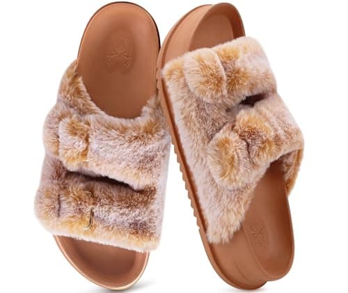 Image of KuaiLu Women's Fluff Slippers Plantar Fasciitis Comfortable Platform Sandals with Arch Support Ladies Open Toe Faux Fur Sliders Womens House Slipper, Khaki UK 5.5