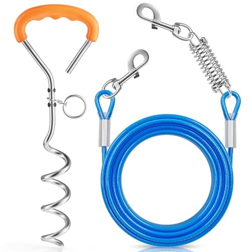 Image of Chuiendi Dog Tie Out Cable and Stake, 3M/9.8FT Pet Tether Training Line with Swivel Hook and Shock Absorbing Spring, Dogs Lead for Yard Outdoor and Camping for Small Medium Large Pets Up to 120 LBS