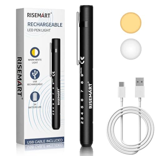 Image of Pen Torch Rechargeable, RISEMART 1PCS Pen Light LED Pupil Gauge Pen Torches for Nurses & Doctors (Black)