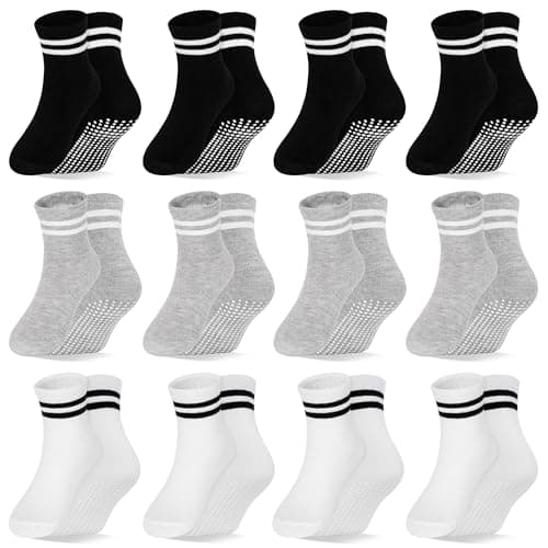 Image of GRPSKCOS Baby Toddler Non Slip Socks 12 Pairs Toddler Grip Socks Newborn Sock with Grip Anti Slip Crew Sock for Boys Girls（#2 Black+Light Grey+White 1-3 Years）
