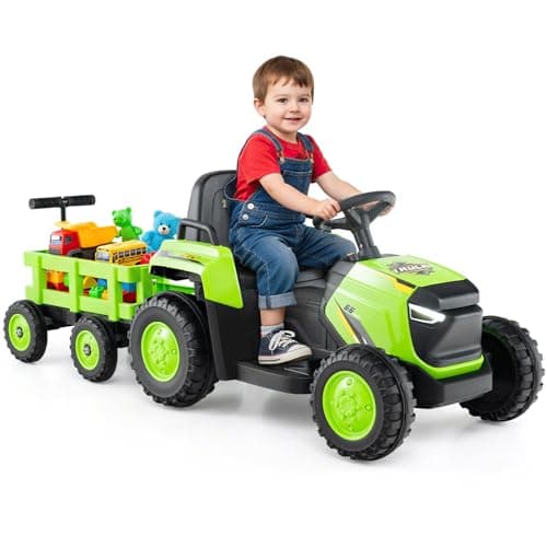 Image of Maxmass Kids Ride on Tractor and Trailer, 12V Battery Powered Electric Construction Toy Car with Remote Control, USB, LED Headlights, Horn, Children Ride on Bulldozer for 3-8 Years Old (Green)