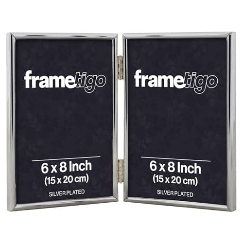 Image of Frametigo - Silver Plated Thin Edge Double Photo Frame, 6"x8" (15x20cm) Photo Size - Portrait Orientation - Modern & Sleek Design - Traditional Silver Picture Frames - Tarnish Resistant