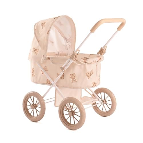 Image of Roma Teddy My First Dolls Pram - Baby Doll Accessories with Teddy Design, Metal Frame, Safety Belt, Fits Dolls Up to 20 Inches, 55cm Handle, Beige, Ages 2+, Sturdy 4-Wheel Design