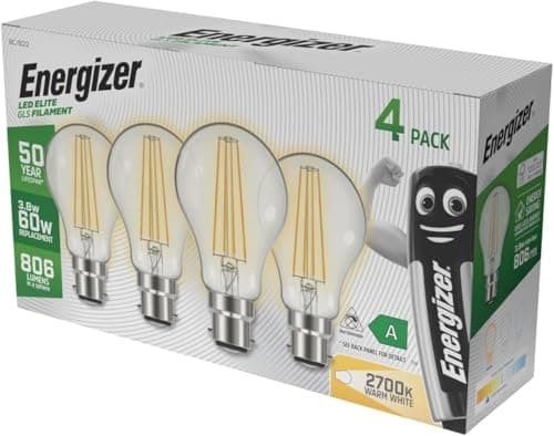 Image of Energizer B22 Bayonet LED Light Bulb 60W Equivalent, 3.8W A-Rated Energy Efficient, 806lm Warm White 2700K, Clear Vintage Filament Glass, 50,000 Hour Lifespan, Non-Dimmable