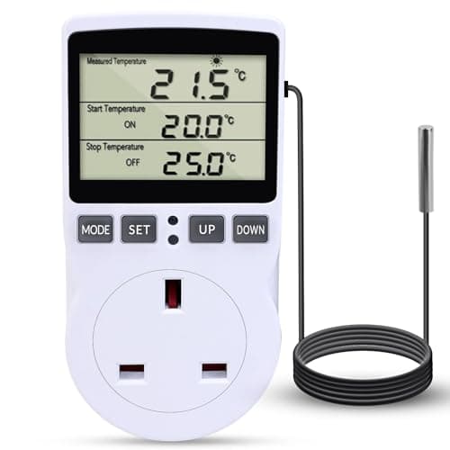 Image of Digital Temperature Controller Plug Thermostat Outlet Socket with 1.7m Sensor 230V 16A Heating Cooling Timer Thermostat Plug, Digital Thermostat UK Socket for Greenhouse Freezer Fermentation