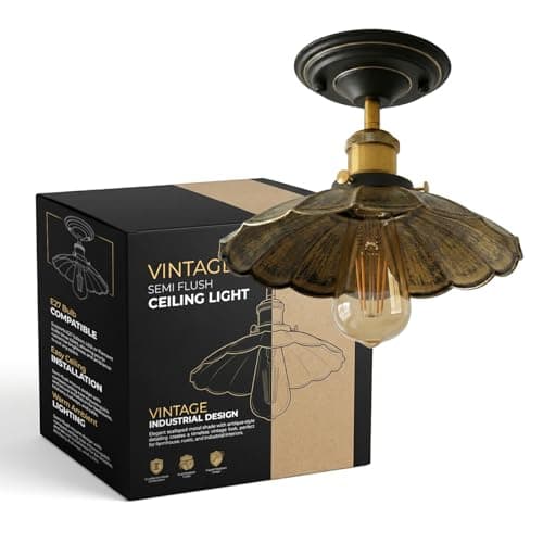Image of LEDSone Industrial-Semi Flush Mount E27 Base Brushed Brass Ceiling Light Metal 22cm Umbrella Lampshade Lighting for Farmhouse Living Room Kitchen Bathroom