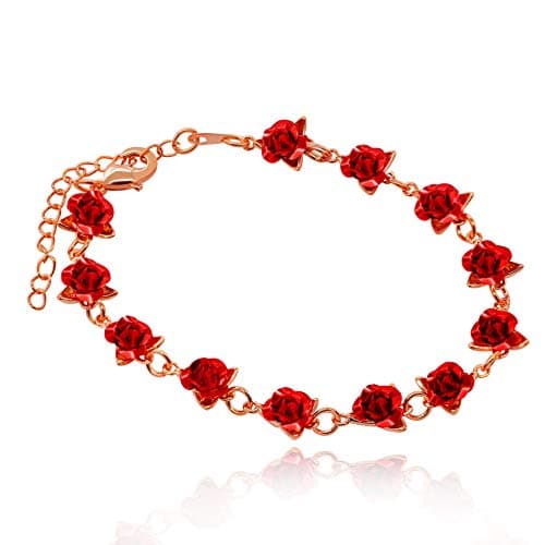 Image of Uloveido Lovely Rose Gold Plated Rose Bracelet Link Bracelet Stainless Steel Flower Bracelet for Mothers Girls Girlfriend (Rose Gold Color) Y452