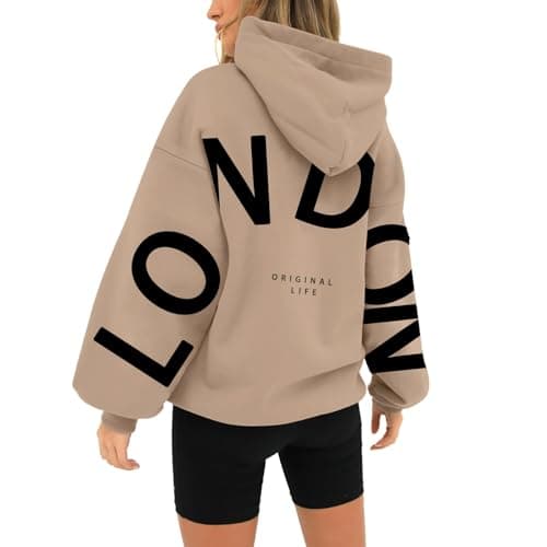 Image of HUIFUAO London Hoodies for Women UK Oversized Sweatshirts for Women Letter Print Pullover Hoodie Women With Pocket and Drawstring (Khaki, L)