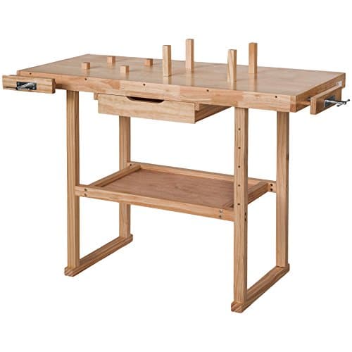 Image of tectake® Wooden Workbench with 2 Bench Vices, Versatile Woodwork Bench with Spacious Work Surface, Built-In Drawer & Shelf for Tool Storage, Ideal as Workshop & Garage Workbench - 117 x 47.5 x 83 cm