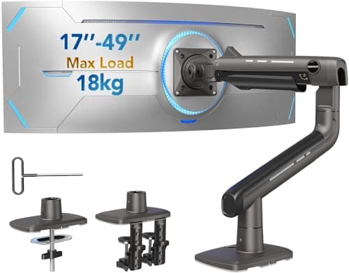 Image of HUANUO Heavy Duty Monitor Arm for Ultrawide Screens up to 49", Holds 18kg, Ultrawide Screen Desk Mount,Fully Adjustable Single gaming Monitor Stand with C-clamp, Grommet Base, VESA 75/100