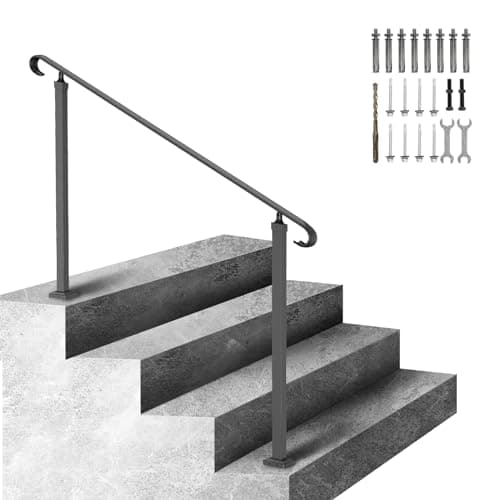 Image of VEVOR Wrought Iron Handrail, Fit 2 or 3 Steps Outdoor Stair Railing, Adjustable Front Porch Hand Rail, Black Transitional Hand railings for Concrete Steps or Wooden Stairs with Installation Kit