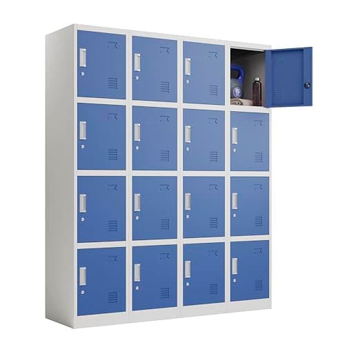 Image of Racking Solutions 4 x 4 Door Metal Storage Lockers, Blue & Grey Steel Lockable Unit, Staff Gym School Changing 1850mm H x 380mm W x 450mm D