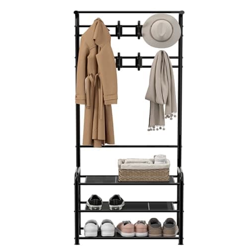 Image of Innotic Coat Rack Stand with Shoe Rack, 182cm Removable 16 Hooks Free Standing for Hallway Entryway Narrow Small Space Storage, Matte Steel Frame Hat Bag Stand, Black