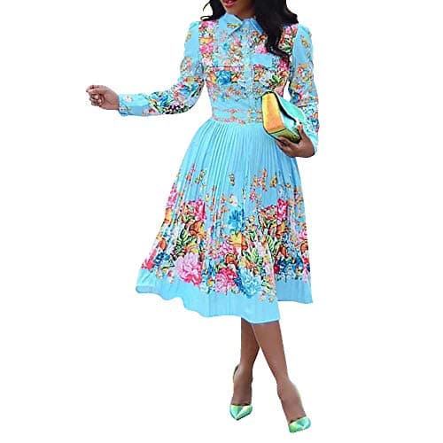 Image of VERWIN Lapel Three-Quarter Sleeve Knee Length Pleated Floral Women's Sheath Dress (Large, Blue)