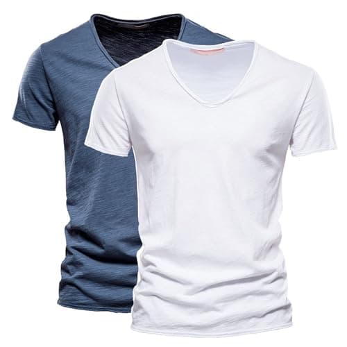 Image of Men's Round Neck Cotton Short Sleeve 2 Pack T-Shirts V-Neck Wide 3 T Shirts Casual Sport, Color 3-2pc, S