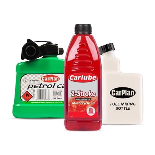 Image of Carlube 2-Stroke Semi-Synthetic Motorcycle Engine Oil 1 Litre, CarPlan 5L Fuel Can, Unleaded Petrol (Green) + CarPlan 2-Stroke Fuel Mixing Bottle 1L