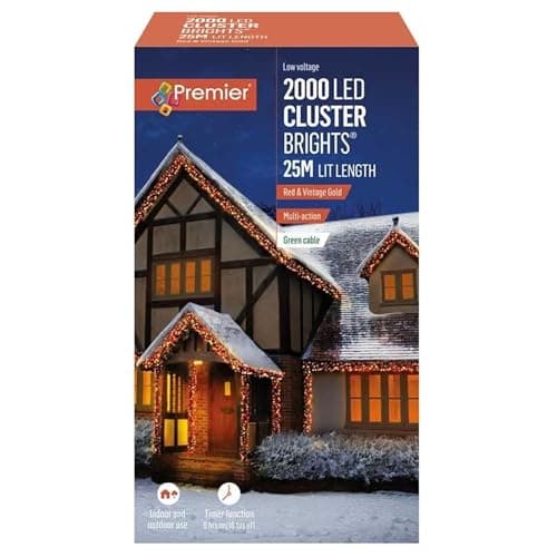 Image of Premier 2000 LED 25m Christmas Outdoor Cluster Timer Lights Red & Vintage Gold