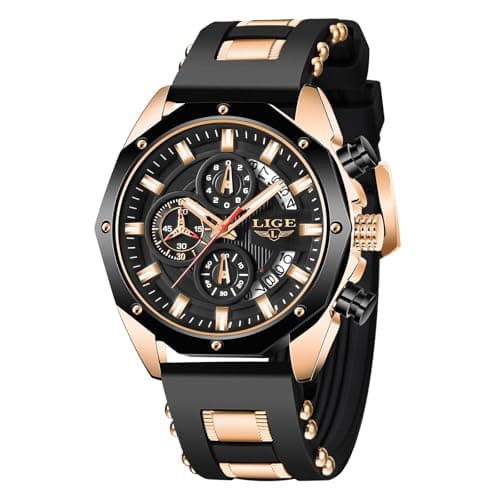 Image of LIGE Wrist Mens Watches Analogue Gents Chronograph Men's Vintage Waterproof Watch for Men Analog Dress Work Casual Unique Quartz 3ATM Water Resistant Silicone Luminous Date Daily, Rose Gold Black