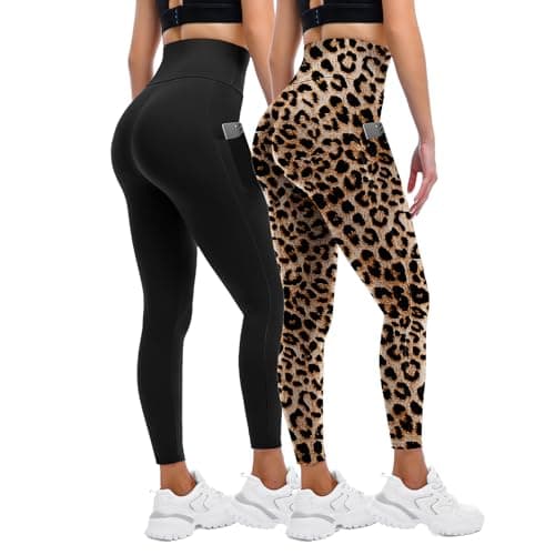 Image of Sanpetix Leggings for Women UK with Pockets, 2 Pack Gym High Waisted Leggings for Workout Running Yoga Black/Leopard XXL