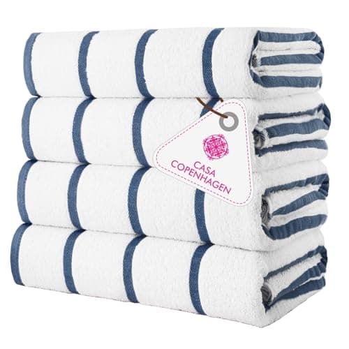 Image of CASA COPENHAGEN Cabana Pool 4-piece set of large bath towels, 76x152 cm, 550 GSM, designed in Denmark, made from soft Egyptian cotton for bathroom, kitchen & shower - navy blue striped