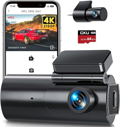 Image of GKU 4K Dash Cam Front and Rear, 5GHz WiFi Dashcam with 64GB SD Card, Dual Car Camera Dash Cam with Parking Monitor, Night Vision, WDR, 170° Wide Angle, G-Sensor, Loop Recording, APP Control, Max 256GB
