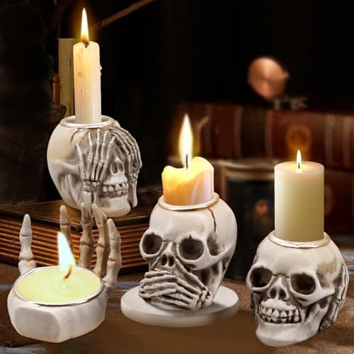 Image of CheurYae 4 Pieces Skull Candle Holder,Human Skull Decoration Set,Skull Tealight Candle Holder,Decorative Candle Holder for Halloween Party Decor,Table Decoration