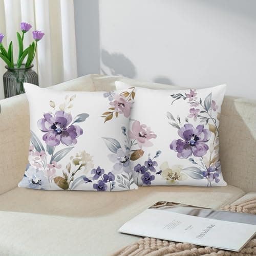 Image of Bonhause Watercolor Floral Cushion Covers 45 x 45 cm Purple Flowers Decorative Throw Pillow Covers Velvet Pillowcases for Sofa Bed Home Garden Patio Decor Set of 2