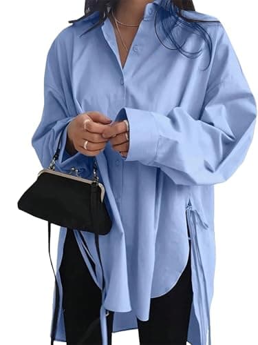 Image of Women's Button Down Shirts Asymmetrical Casual Lace Up Oversized Tunic Tops 2024 New Loose Front Short Back Long Shirts (Blue,XL)