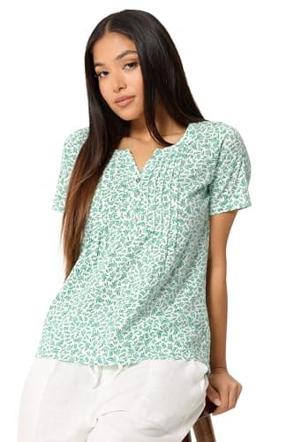 Image of M&Co Petite & Green Leaf Print Cotton Henley Top - Women's