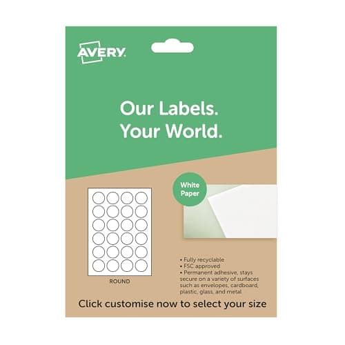 Image of Avery Round White Paper Labels—Printable A4 Sticker Sheets for Custom Size & Personalised Stickers—Ideal for Product, Candle, and Jar Labelling—Compatible with Avery Templates.