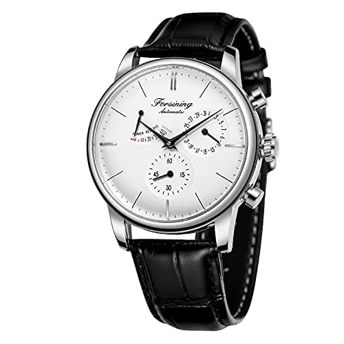 Image of FORSINING Men's Automatic Watch Power Reserve Date Display Fashion Mechanical Wristwatch, White and Black, Classic