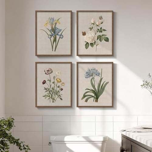 Image of Framed Botanical Wall Art for Bathroom, 4 Piece Vintage Floral Canvas Painting Prints Artwork Farmhouse Wall Decor, Rustic Flower Butterfly Pictures for Bedroom Kitchen Hallway Home Decor, 8x10 Inch