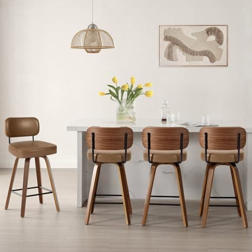 Image of Bekrvio Swivel Brown Bar Stools Set of 4, 65CM Upholstered Faux Leather Breakfast BarStools with Back and Bent Wood Legs, Mid Century Modern Bar Chairs Kitchen Stool for Kitchen Counter