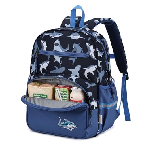 Image of Kasgo Kids Backpack for Boys, 15 Inch School Bag with Insulated Pocket, Reflective Strip & Chest Strap, Lightweight Rucksack for Y1 Primary Travel, Fits A4 Folder, Ages 5-8, 13L Blue Shark