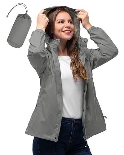 Image of 33,000ft Women's Lightweight Rain Jackets Hooded Breathable Packable Running Raincoats Active Trench Windbreaker with Hideaway Hood for Cycling Hiking (Light Grey-XL/UK 16)