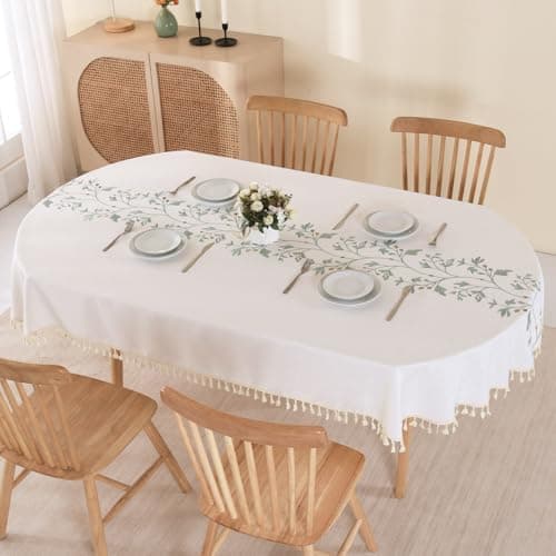 Image of SUCHDECO Tablecloth Oval Cotton Linen Table Cloth 140x180 cm, Beige Tablecloths with Green Leaf Embroidery Tassels Dust-Proof Washable Table Cover for Dining Table Kitchen Room Decor Birthday Party