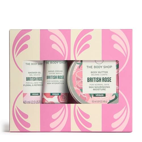 Image of The Body Shop British Rose Mini Gift Set, Shower Gel 60ml, Body Butter 50ml, Hand Cream 30ml, Floral Body Care Trio, Cleansing, 96hr Moisture, Softening Glow, Vegan Skincare Gift
