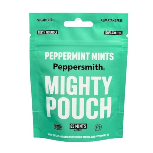 Image of Peppersmith - British Peppermint Mints - 100% Plant Based Xylitol - Freshens Breath - Natural Flavours - Sugar Free Mints - Benefits Oral Health - Mighty Pouch - 50g