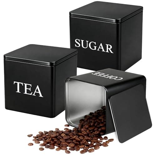 Image of CM-UHNM 3 PCS Black Tea Coffee Sugar Canisters,600ml Tea Sugar And Coffee Containers Set,Versatile Kitchen Storage,Jars With Airtight Lids,Decorative Storage Tins for Home Kitchen Accessories(Black)