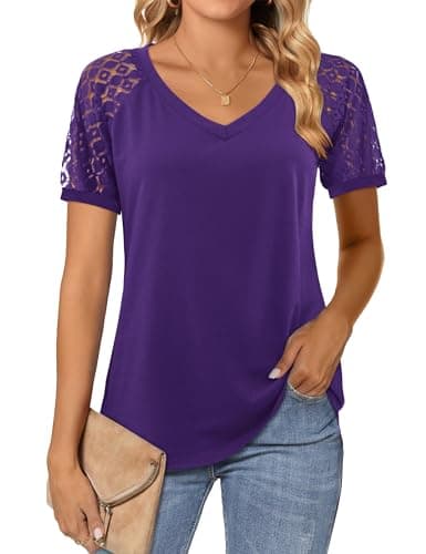Image of Beluring Blouse for Women Casual V Neck Top Lace Sleeve Casual Tunic, Purple Size 16-18