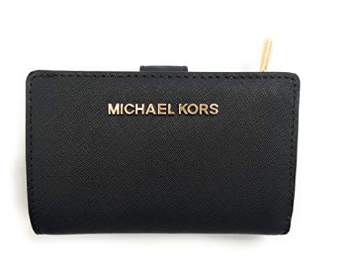 Image of Michael Kors Jet Set Travel Saffiano Leather Bifold Zip Coin Wallet, Black Saffiano, M, Bifold Wallet