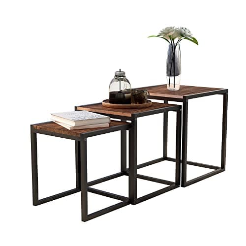 Image of Diahomy Nesting Coffee Table, Set of 3 End Tables, Metal Frame Square Corner End Desk for Living Room Bedroom Office Industrial Style, Brown