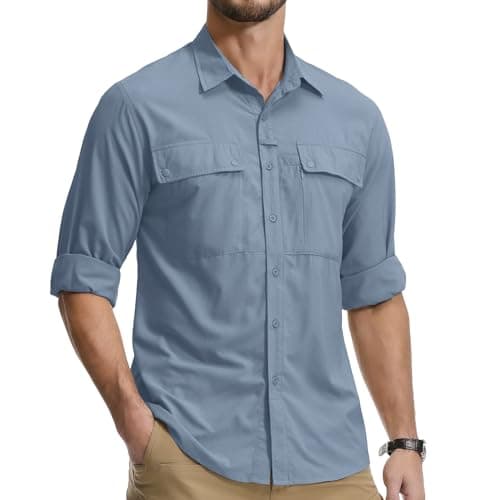 Image of Jessie Kidden Mens Safari Shirts Long Sleeve UV Protection Hiking Fishing UPF 50+ Quick Dry Cooling Camping Travel Shirts #5060-Blue-M