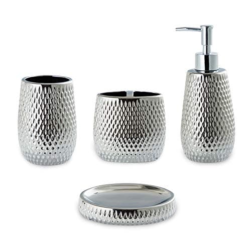 Image of Silver Bathroom Accessory Set 4 Piece Ceramic Bath Accessories Sets Complete, Rain- Drop Shaped Bathroom Essential with Toothbrush Holder & Dish, Tumbler, Soap Dispenser Set for Bath Decor