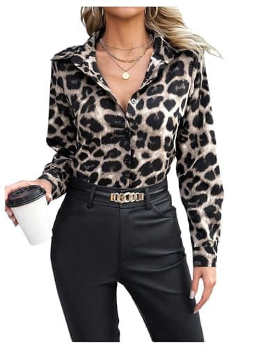 Image of GORGLITTER Women's Leopard Print Button Up Blouses Long Sleeve Collar Neck Tunic Shirts Elegant Tops Grey Small