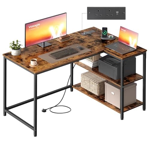 Image of VASAGLE L Shaped Corner Desk, Computer Gaming Desk with Storage, Reversible Height-Adjustable Shelves, for Home Office, with Power Outlets 2 USB Ports, 110 x 80 cm, Rustic Brown LWD131KD02