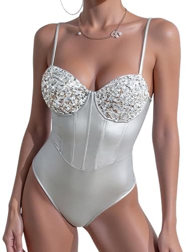 Image of FEOYA Sexy Sequin Bodysuit for Women One Piece Lingerie Deep V-Neck Teddy Bodysuit Straps One Piece Nightwear Shiny Clubwear Sleeveless Catsuit Slim Jumpsuit Sleepwear Silver XL