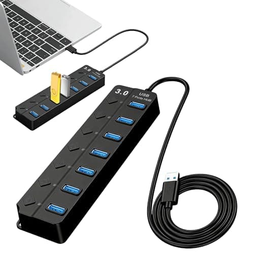 Image of 7-Port USB 3.0 Hub, Multi USB Port Hub with Individual Switches and Lights, USB Multiport Adapter Splitter, High-Speed Data Extender for PC, Laptop, Printer and More(2m)