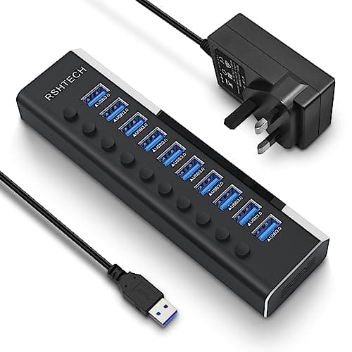 Image of RSHTECH 10 Port Powered USB 3.0 Hub Aluminum USB 3.0 Data Hub Splitter with Individual On/Off Switches and 12V/3A Power Adapter (RSH-A10)